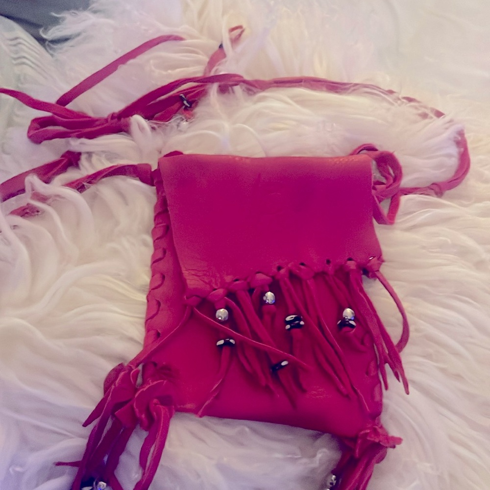 Handmade Deer skin red bag , cool beads